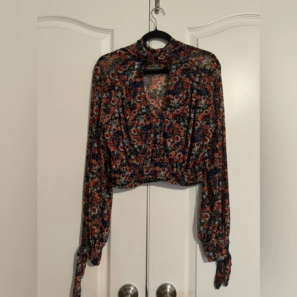 Free People All Dolled Up Crop Mesh Floral Top - Picture 4 of 7